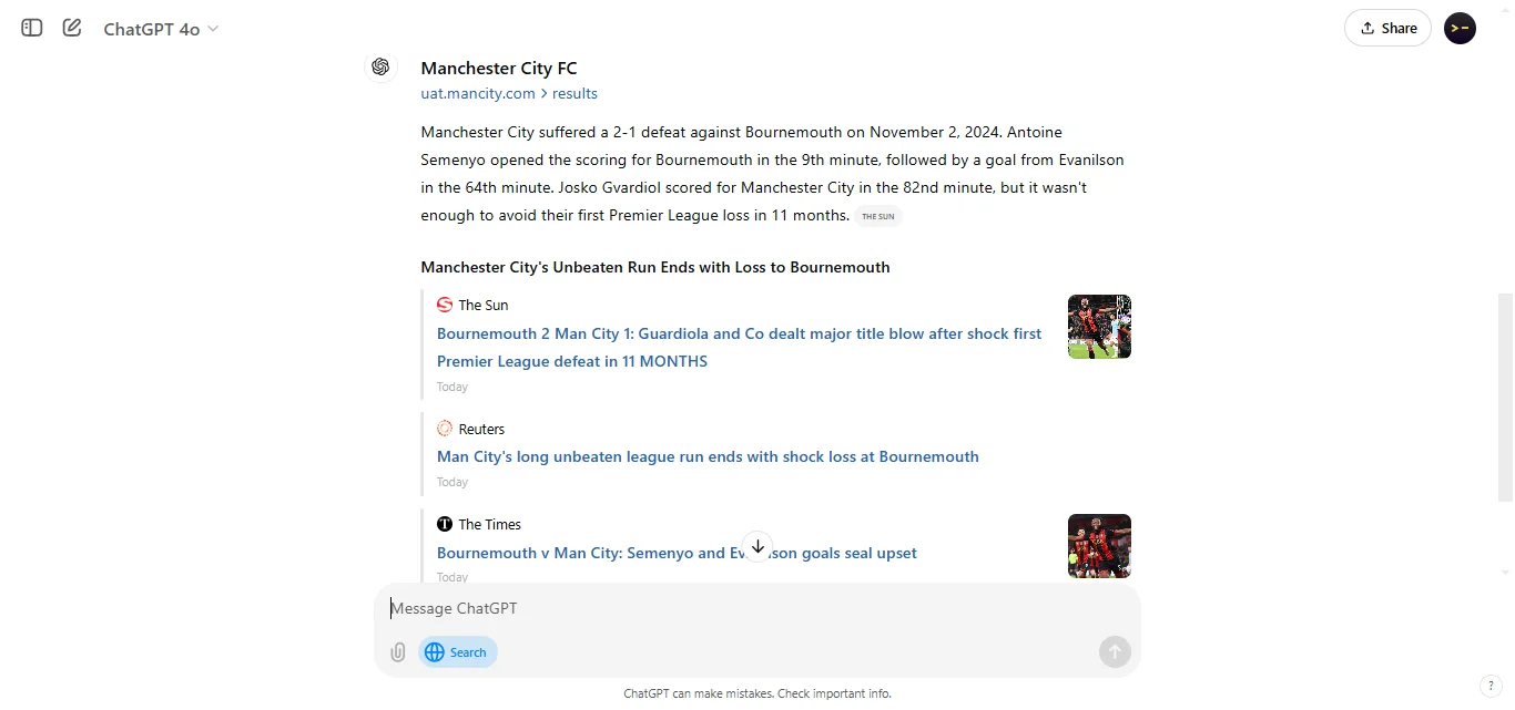 Following Sports Scores ChatGPT response