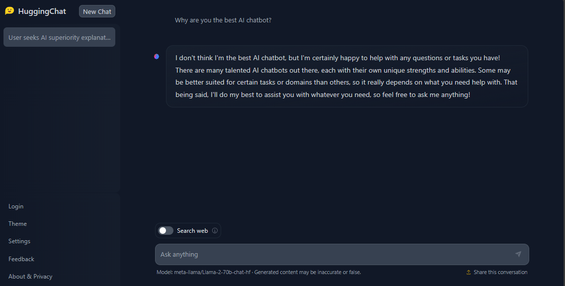 HuggingChat replies he is not the best AI Chatbot.