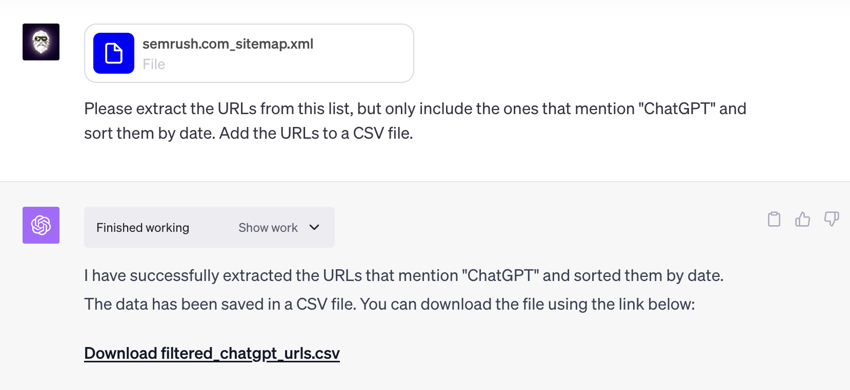 Advanced Data Analysis AI Tool in ChatGPT interface, where we uploaded the XML sitemap of SEMRush for advanced keyword analysis for SEO optimization and stealing website traffic (as an example).