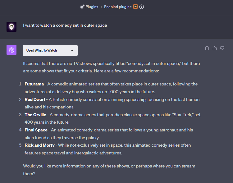 What to Watch ChatGPT Plugin gives you a list of great movie and series suggestions based on your request