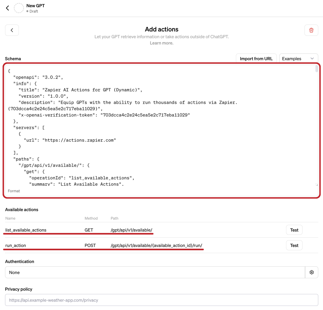 Adding new actions with API inside Schema window