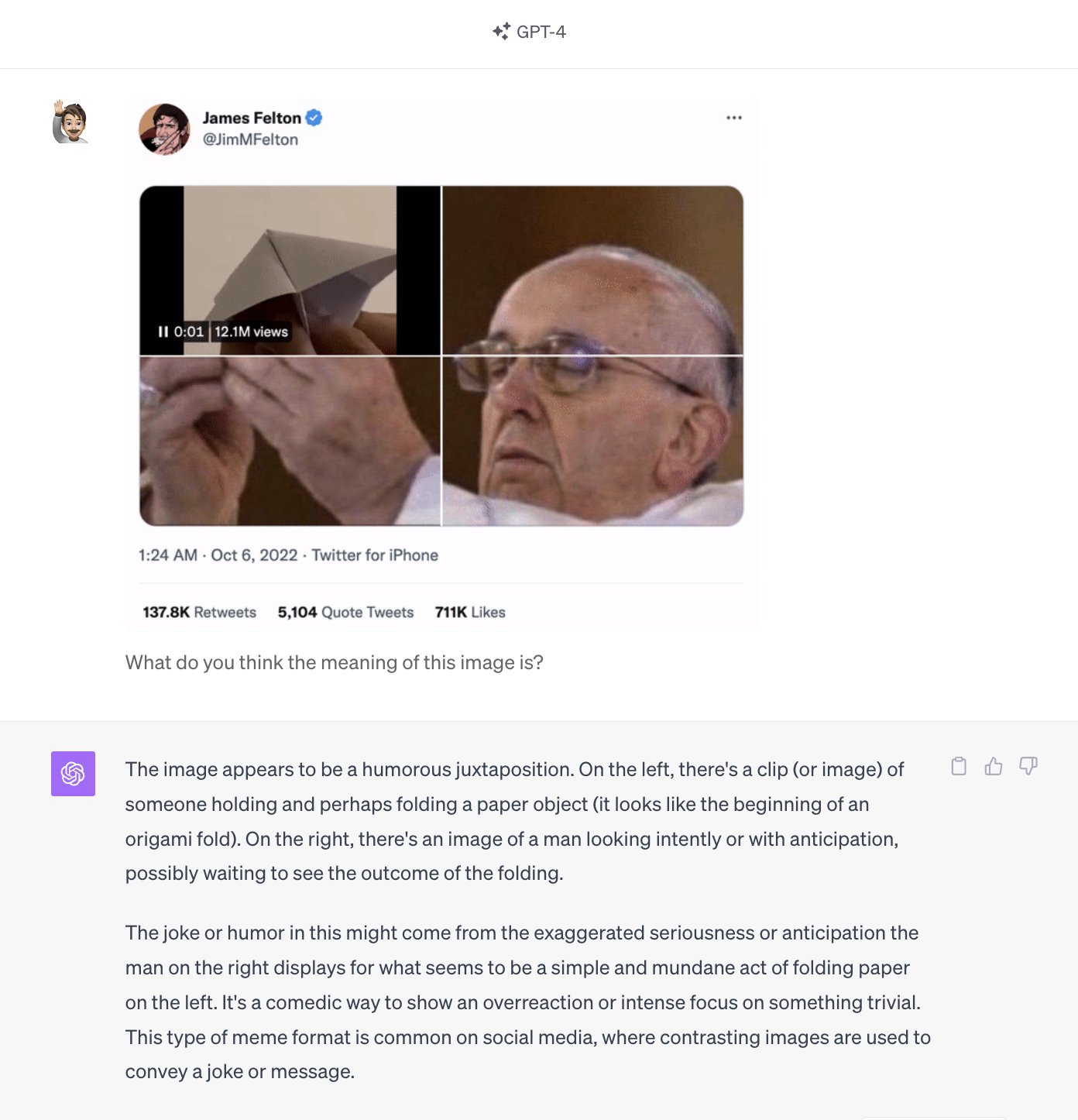 Twitter user @rcweston shares ChatGPT's ability to deconstruct and understand memes.