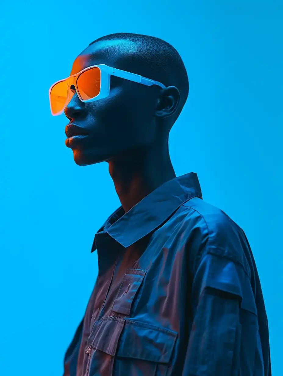 Midjourney AI Prompt: photographic silhouette of a person, wearing high-end fashion techwear shirt and trousers, background is a prussian blue gradient, clothing is minimal, hyperrealistic scene, the woman is just slightly visible due to dark shadows, she is wearing thick white glasses, -ar 3:4 -s 250