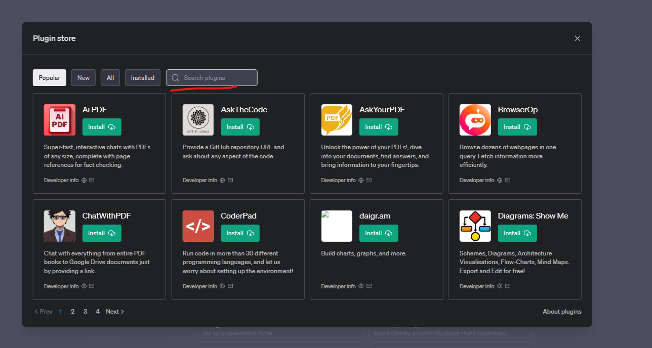 Plugin Store inside GPT-4 Interface