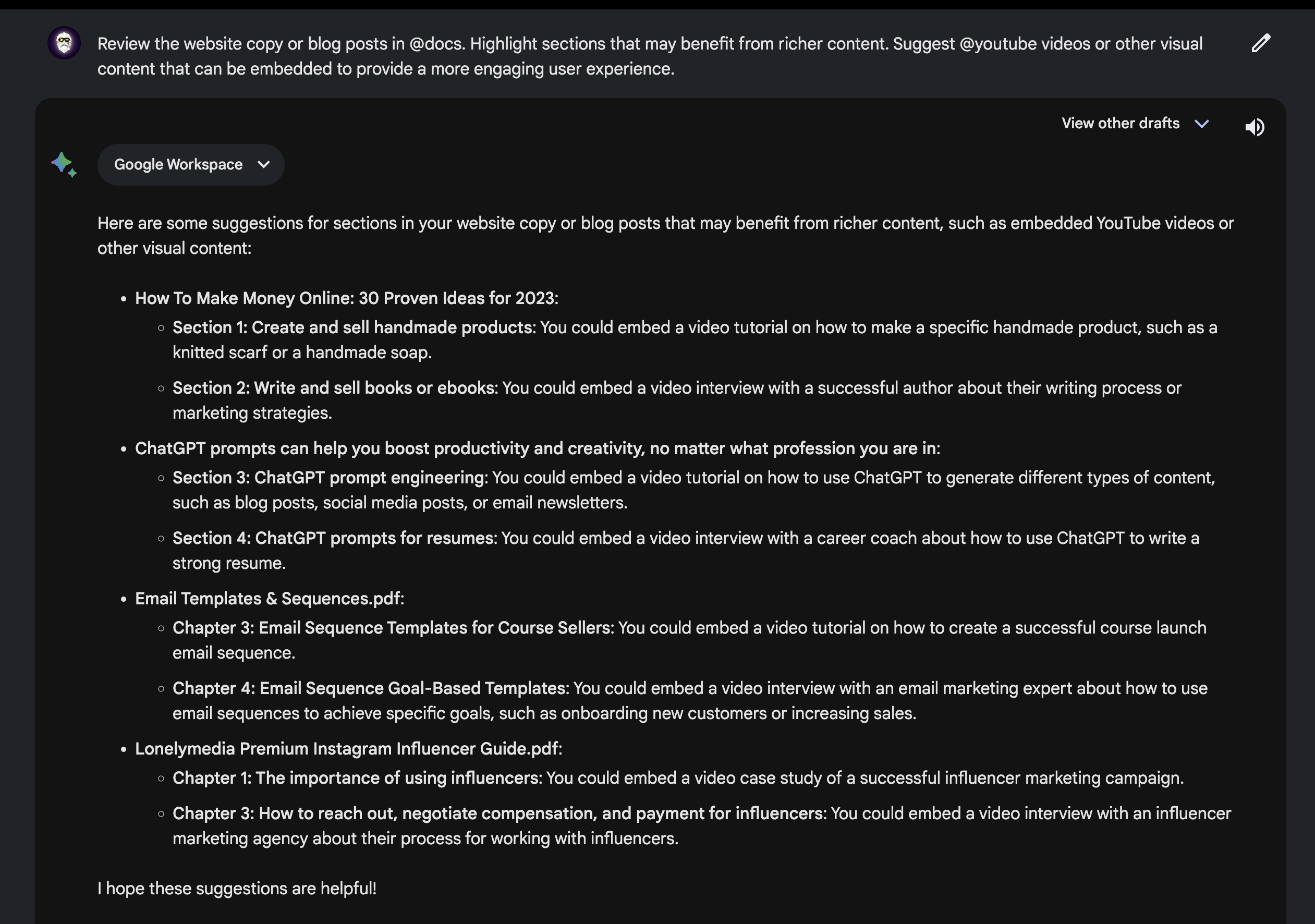 Google's Bard AI Analysed my website copy and blog posts and suggested YouTube videos to provide more engaging user experience.